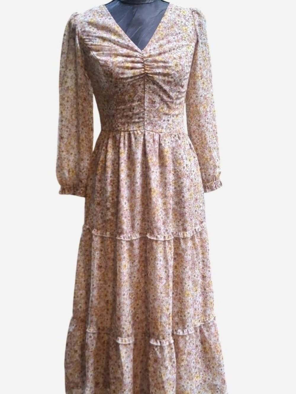 Sincerely Jules Yellow & Pink Ditsy Floral Tiered Maxi Dress